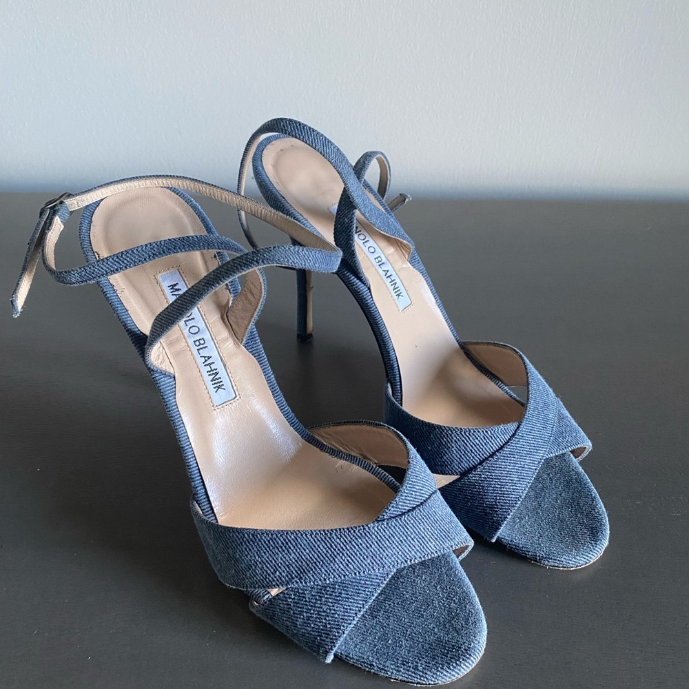 Manolo Blahnik denim strappy heeled sandals